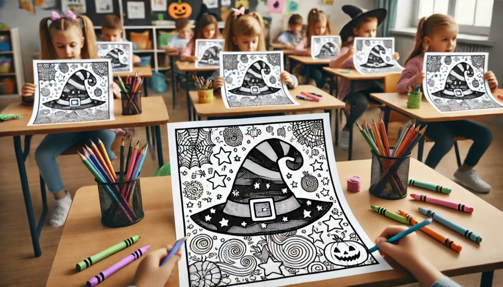 Spooky coloring pages with kids coloring a witch hat in class