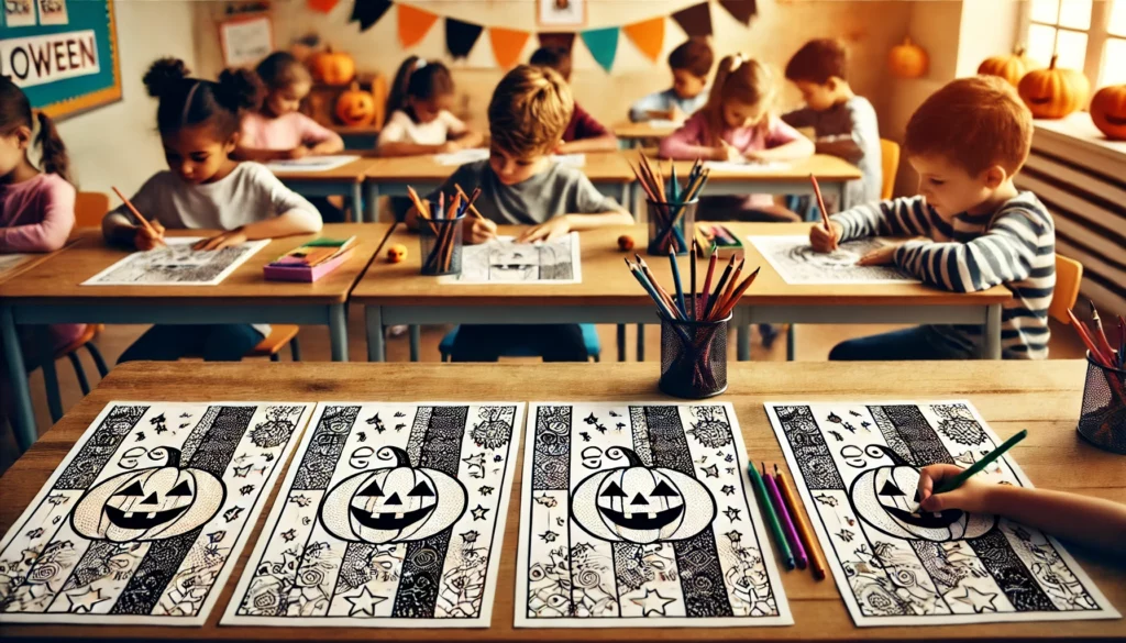 Spooky coloring pages with kids in a class