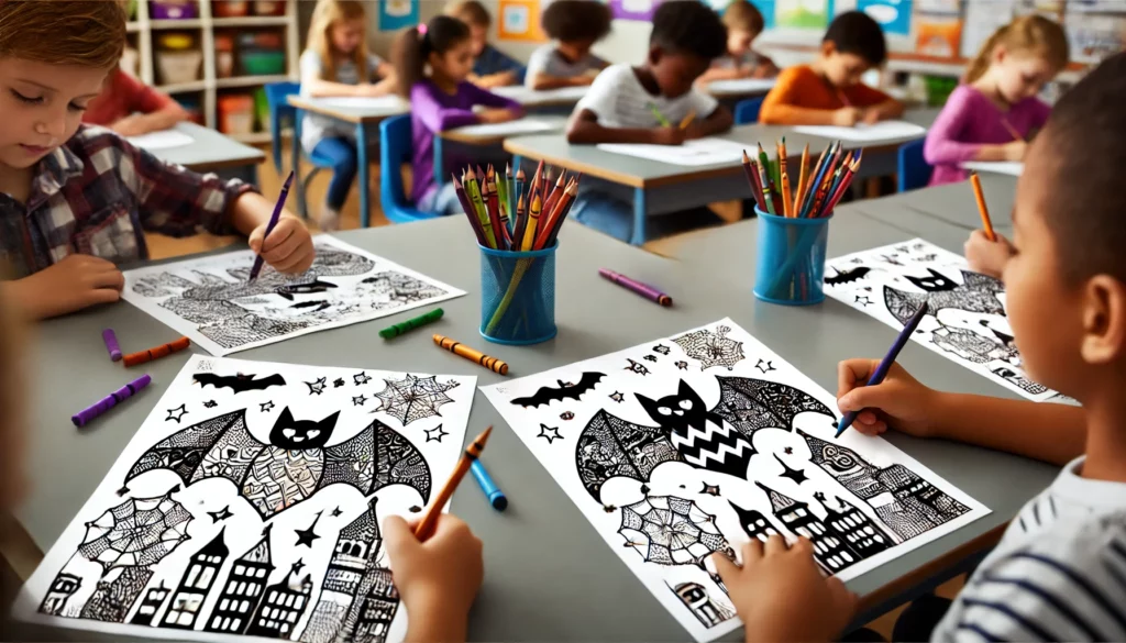 Spooky coloring pages with kids in a class coloring