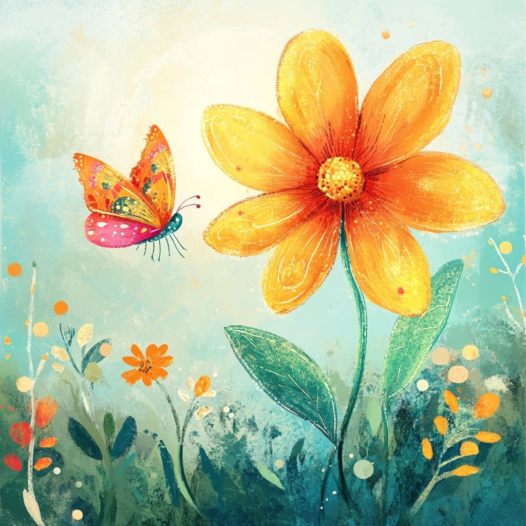 A kid friendly/childlike image of a flower and a butterfly