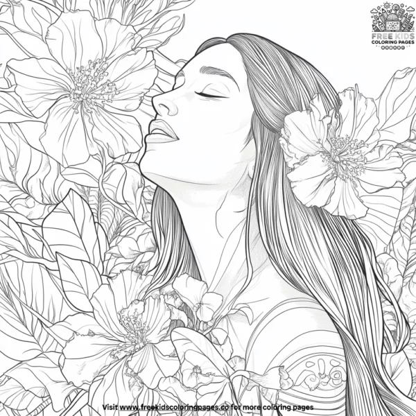 Amazonian princess with jungle flowers coloring pages