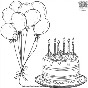 Balloon bouquet and birthday cake coloring pages