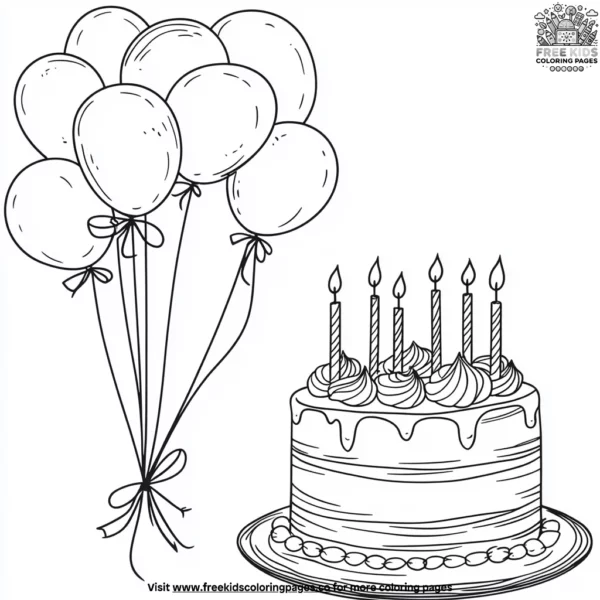 Balloon bouquet and birthday cake coloring pages