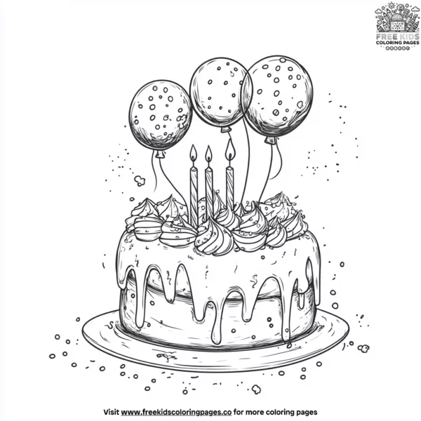 Birthday cake with balloon toppers coloring pages