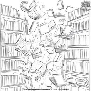 Books flying off the shelves coloring pages