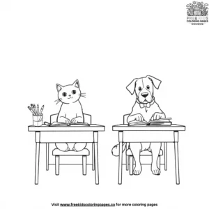 Cat And Dog At School Coloring Pages