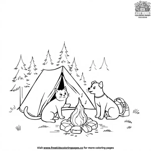 Cat and dog camping coloring pages