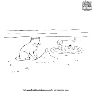 Cat And Dog In A Beach Coloring Pages