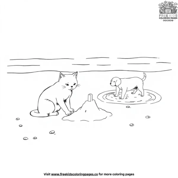 Cat and dog in a beach coloring pages