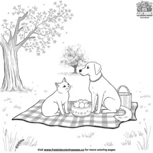 Cat And Dog On A Picnic Coloring Pages