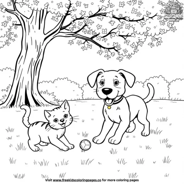 Cat and dog playing coloring pages