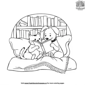 Cat And Dog Reading Coloring Pages