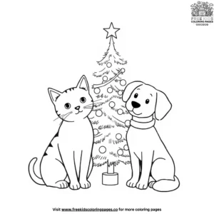 Cat And Dog With Christmas Tree Coloring Pages