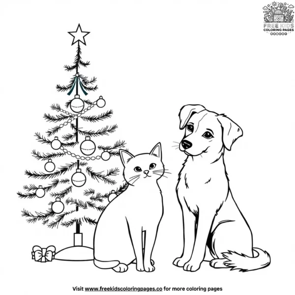 Cat and dog with christmas tree coloring pages