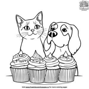 Cat And Dog With Cupcakes Coloring Pages