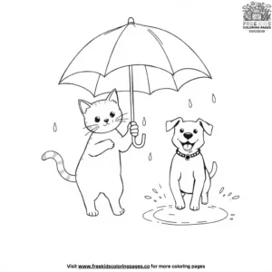 Cat And Dog With Umbrella Coloring Pages