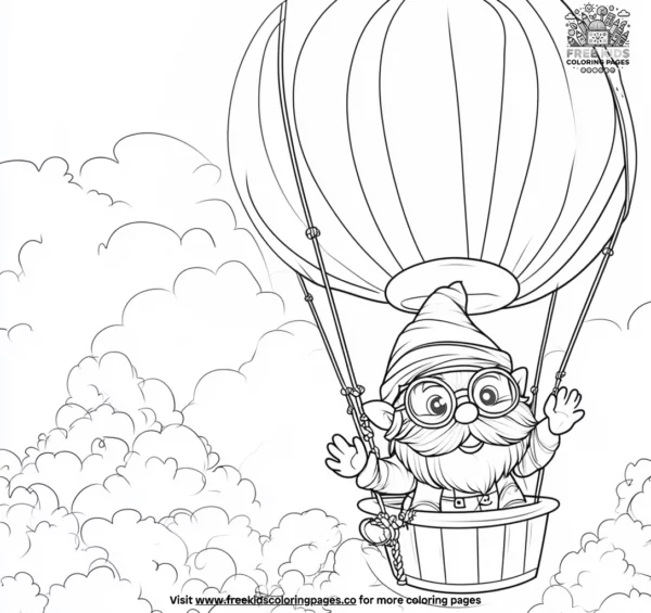 Cheerful gnome in a hot air balloon coloring pages