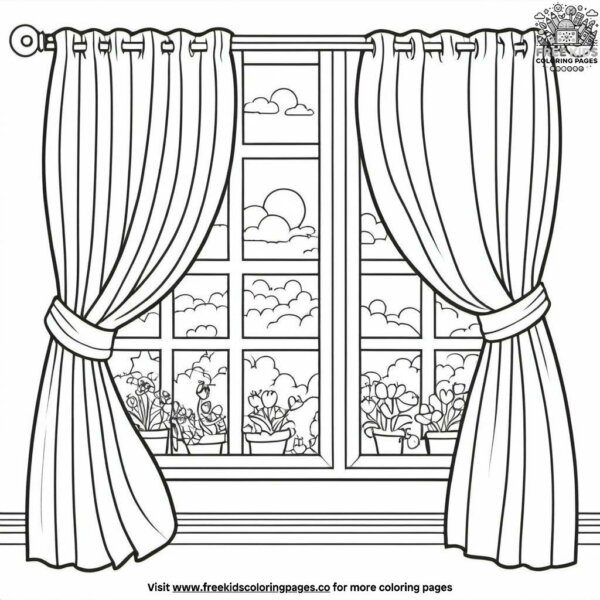 Colorful curtains and windows coloring pages