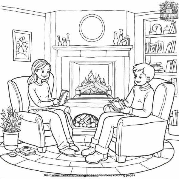 Couple's cozy fireplace coloring pages