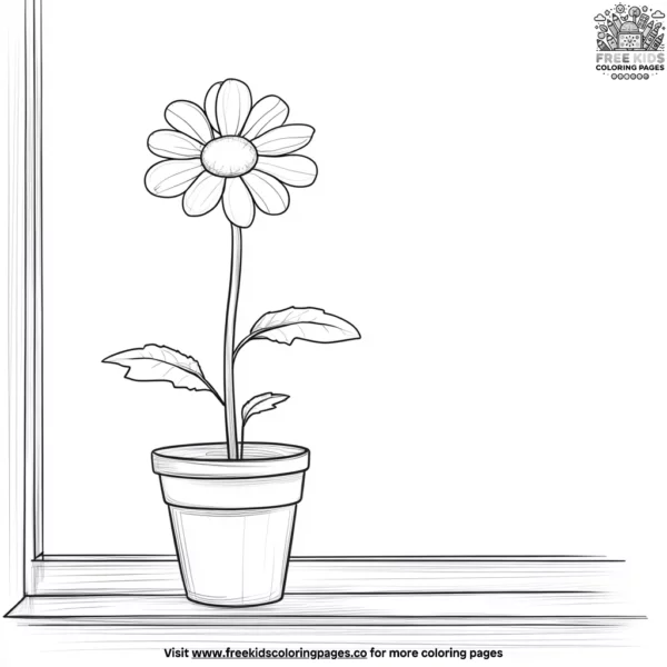 Daisy in a flower pot on a window sill coloring pages