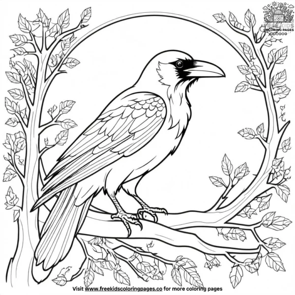 Dark raven on a branch coloring pages