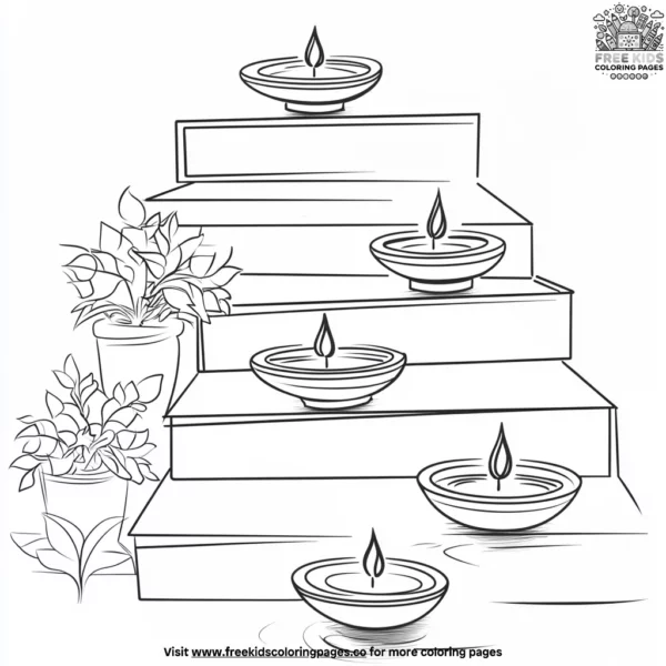 Diwali diyas on steps coloring pages