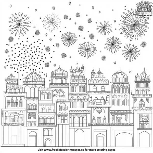 Diwali night sky with fireworks coloring pages