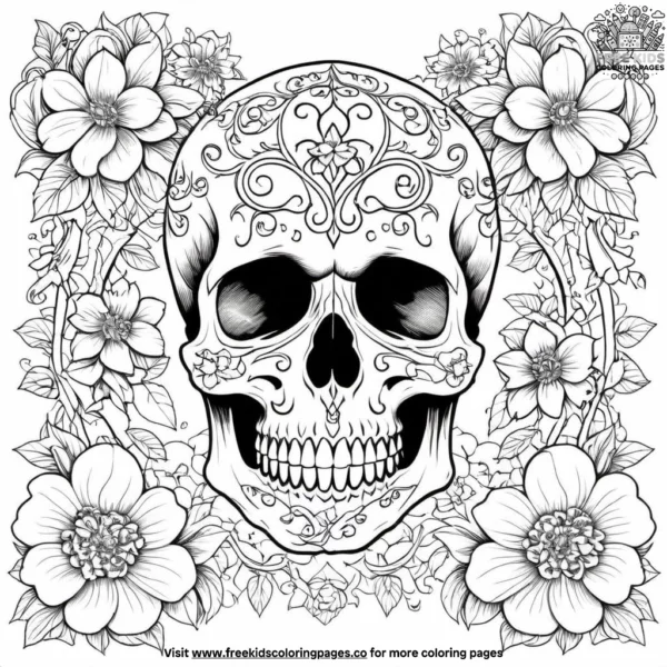 Enchanted skull with flowers coloring pages