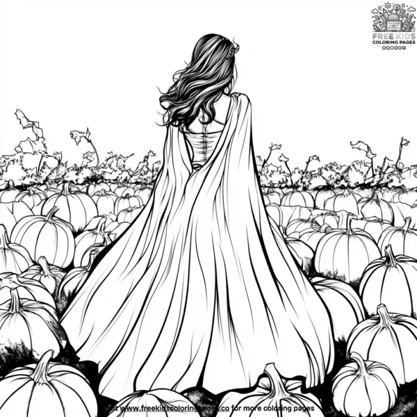 Enigmatic vampire in a pumpkin patch coloring pages