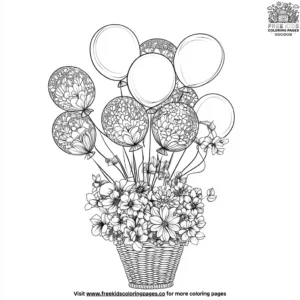 Floating balloons and flower basket coloring pages