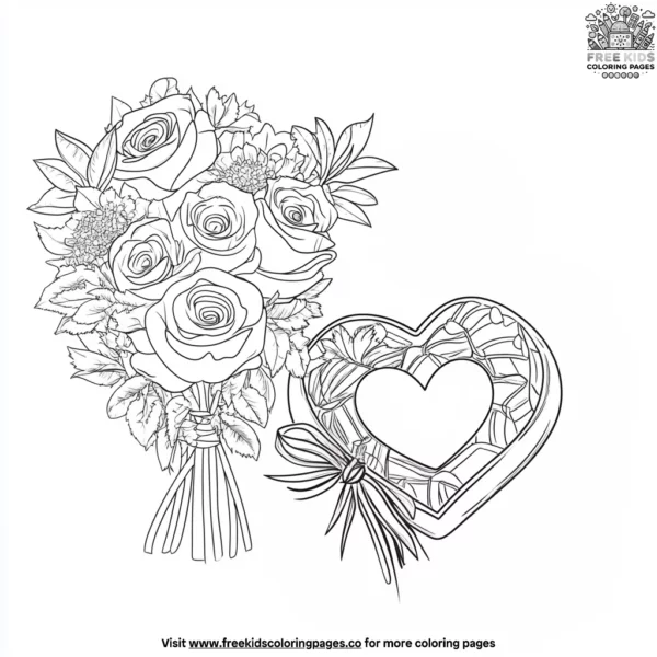 Flower bouquet and chocolate box coloring pages