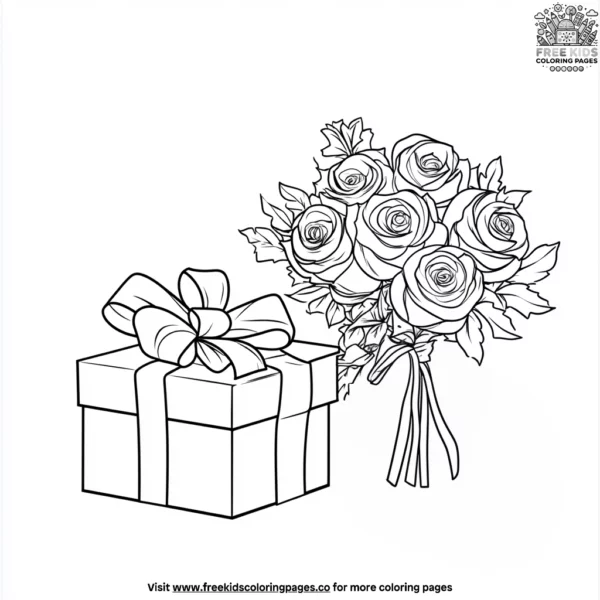 Flower bouquet and gift box coloring pages