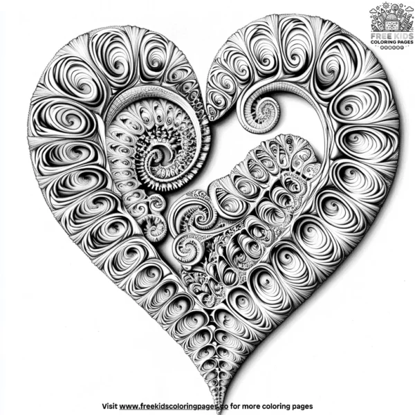 Fractal heart zentangle coloring pages