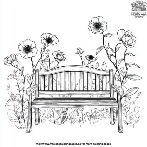 Garden bench and blooming flowers coloring pages