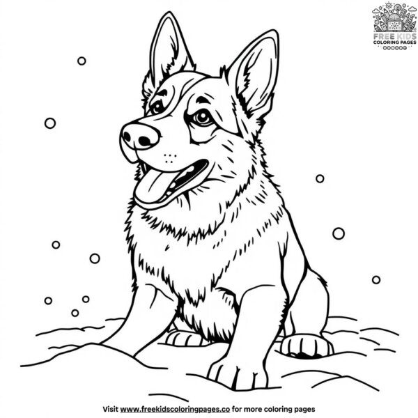 German shepherd playing in winter snow coloring pages