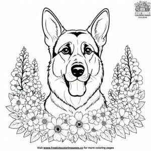 German shepherd surrounded by flowers coloring pages