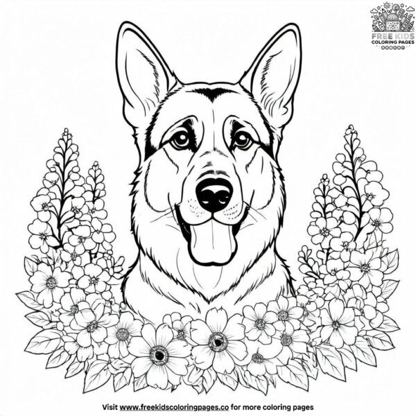 German shepherd surrounded by flowers coloring pages