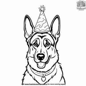 German shepherd wearing a birthday hat coloring pages