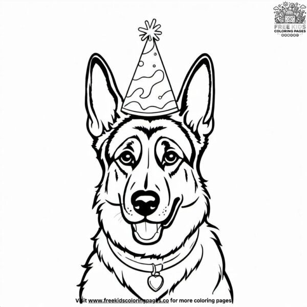 German shepherd wearing a birthday hat coloring pages