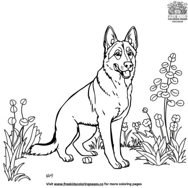 German shepherd in a garden coloring pages