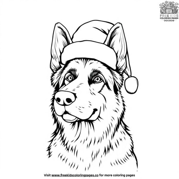 German shepherd with a festive christmas hat coloring pages