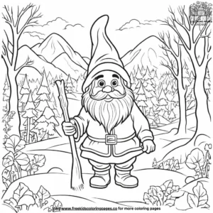 Gnome adventuring through the snow coloring pages