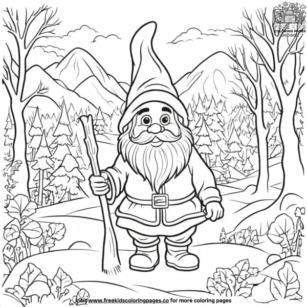 Gnome adventuring through the snow coloring pages