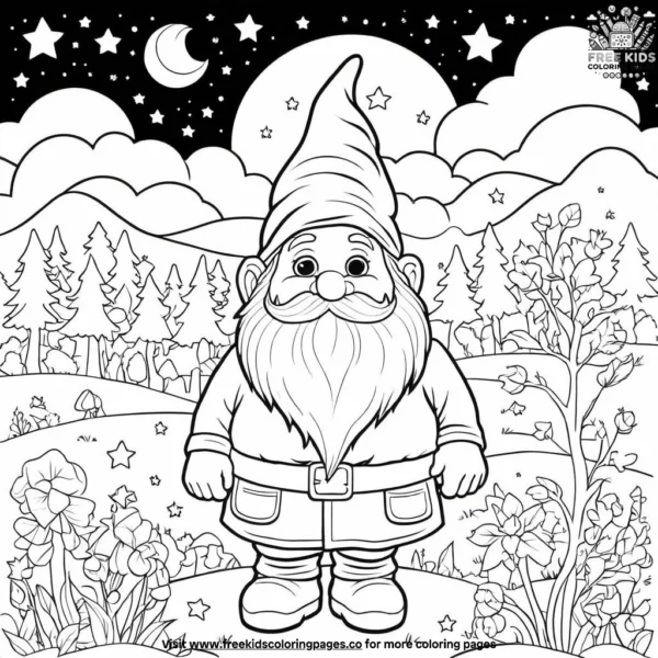 Gnome and the starry night sky coloring pages