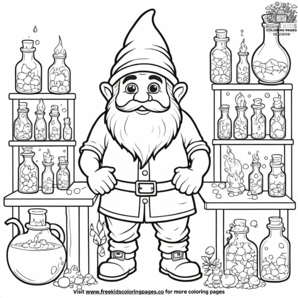 Gnome with his magical potions coloring pages