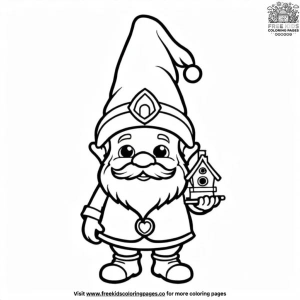 Gnome with a tiny birdhouse coloring pages