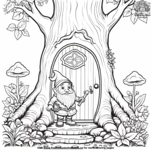 Happy gnome at the fairy door coloring pages