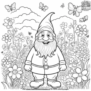 Happy gnome in the spring flowers coloring pages