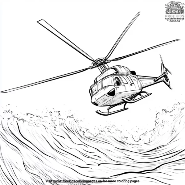 Helicopter above the ocean waves coloring pages