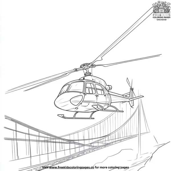 Helicopter flying near a bridge coloring pages